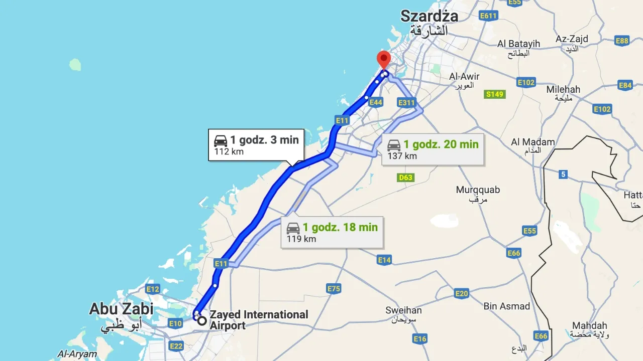Mapa trasy lotnisko Abu Zabi do Dubaju