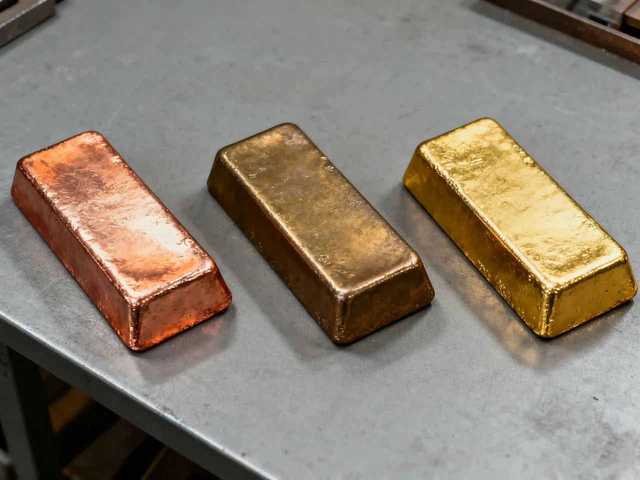 Trzy sztabki: miedziana, mosiężna i złota. Mosiądz to stop miedzi i cynku, ceniony za wytrzymałość i połysk.