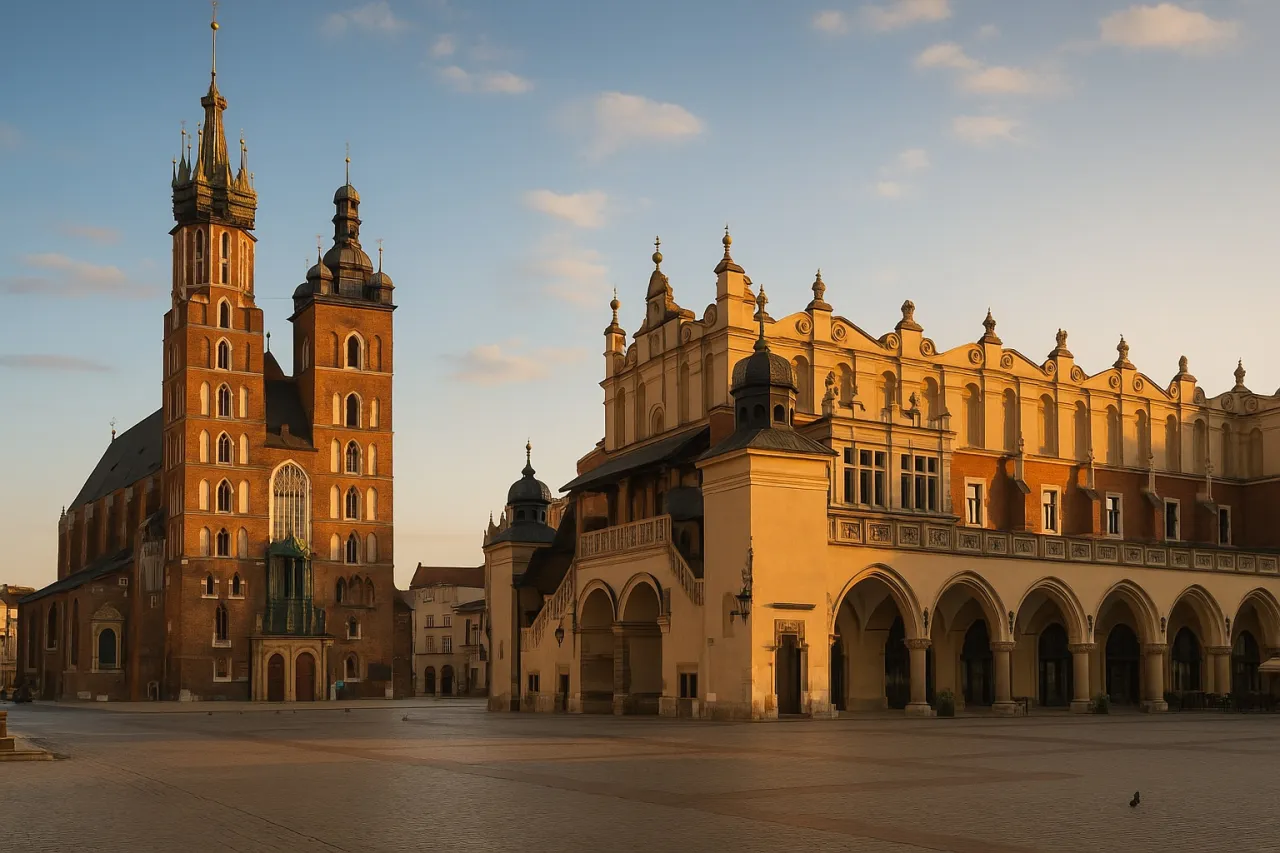 Sukiennice i Kości&oacute;ł Mariacki na Rynku Gł&oacute;wnym. To idealne miejsca, co można zwiedzić w Krakowie.