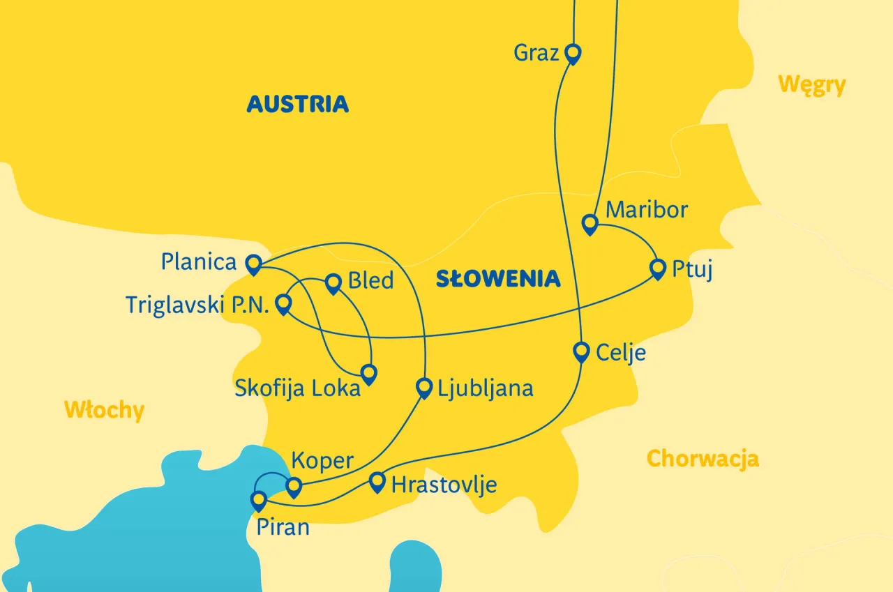 Mapa trasy Polska Chorwacja przez Czechy Austrię Słowenię