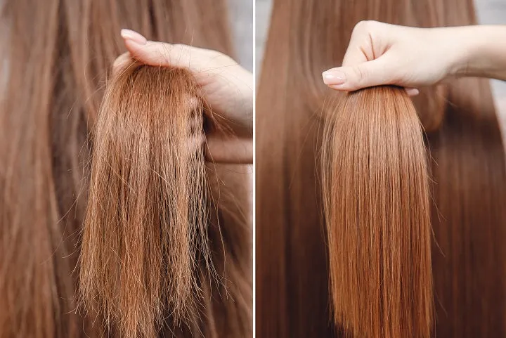 zniszczone włosy po prostowaniu, uszkodzona struktura włosa