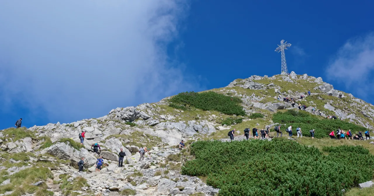 Tłum turystów wspina się na szczyt w Tatrach, gdzie czeka krzyż. Wyglądają jak pielgrzymi, a nie śpiący rycerz.
