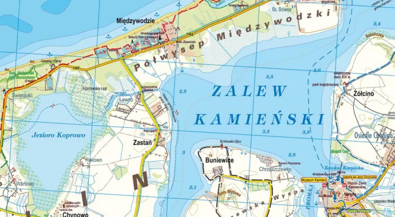 Mapa Polski z zaznaczonymi wyspami Wolin, Uznam, Sobieszewska, Karsib&oacute;r