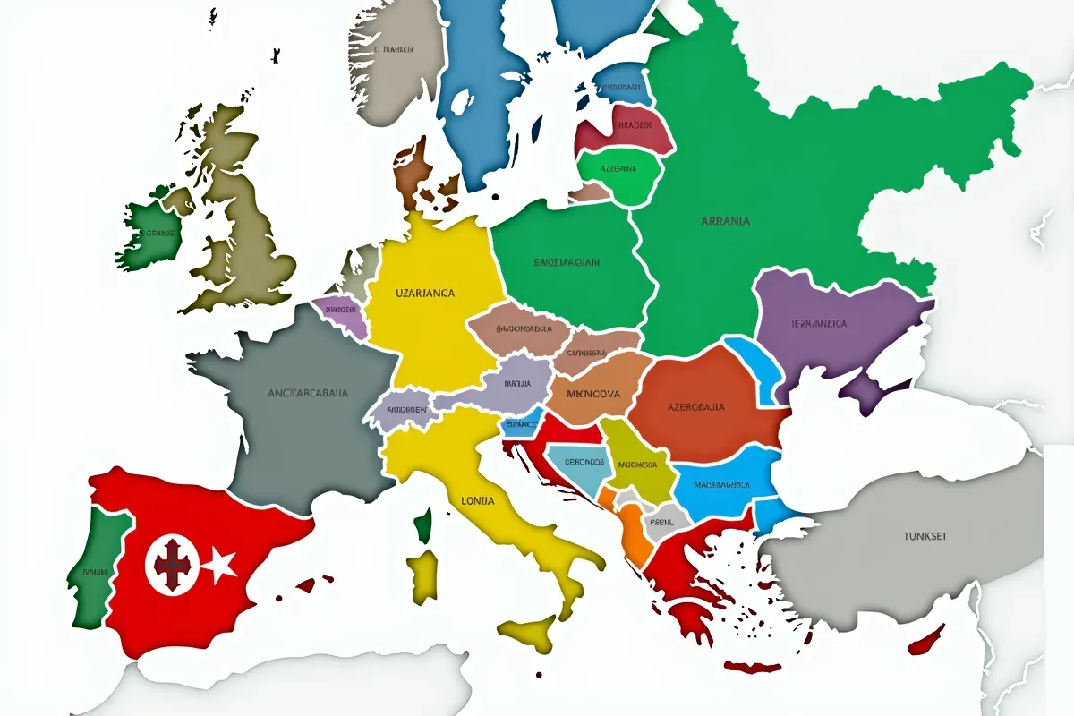 Mapa Europy z fikcyjnymi nazwami kraj&oacute;w. Planujesz podr&oacute;ż? Pamiętaj o ubezpieczeniu auta na wyjazd za granicę!