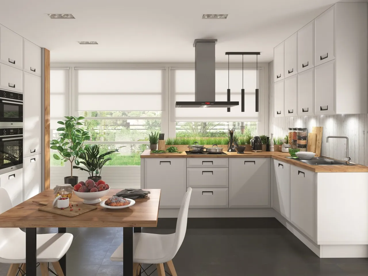 Nowoczesna kuchnia z białymi meblami, drewnianym blatem i stołem. Idealna inspiracja, jak pomalować kuchnię z białymi meblami, by stworzyć jasną i przestronną przestrzeń.