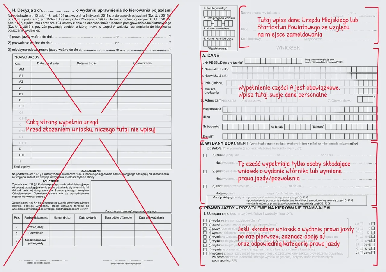 Formularz wniosku o wydanie uprawnień do kierowania pojazdami. Wpisz dane osobowe i zaznacz kod na okulary prawo jazdy.