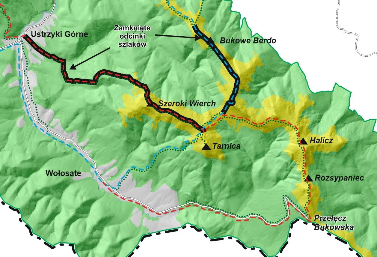 Mapa Bieszczadów z zaznaczoną Tarnicą, Ustrzykami Górnymi i Wołosatem