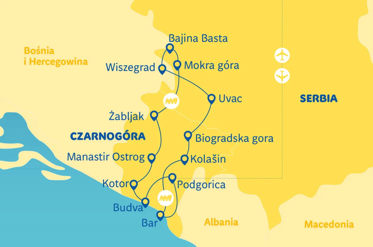 Mapa trasy Polska Czarnogóra przez Serbię