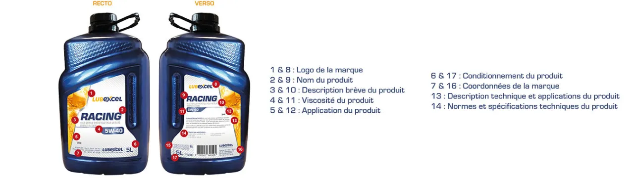 étiquette bidon d'huile moteur avec viscosité et normes