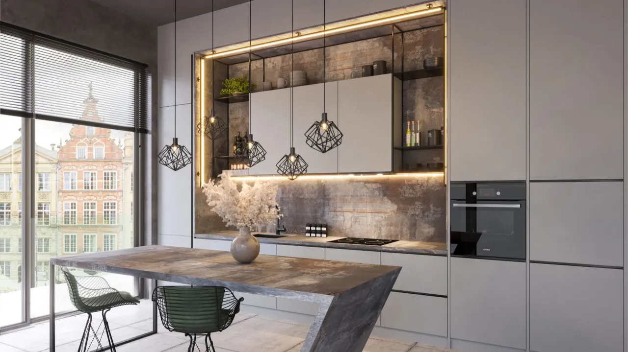 Kuchnia ze spiekiem kwarcowym na blacie i ścianie