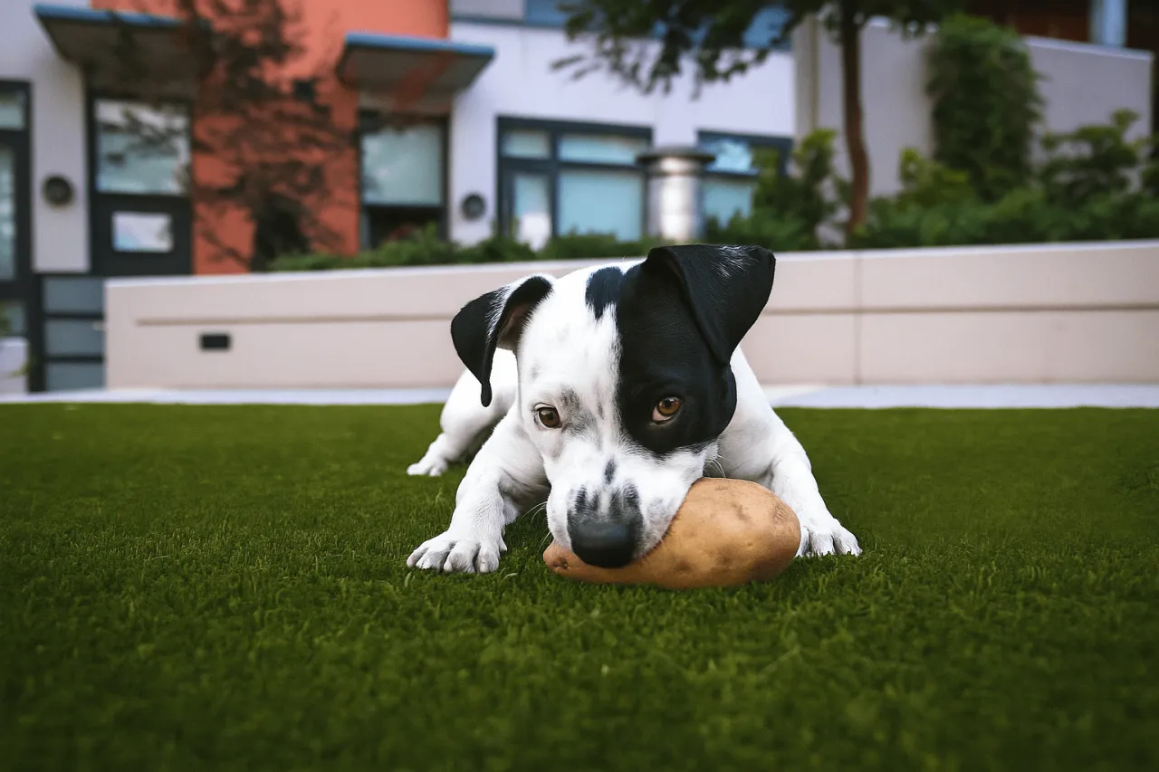 Szczeniak z łatką na oku gryzie ziemniaka, zastanawiając się, czy pies może jeść ziemniaki.