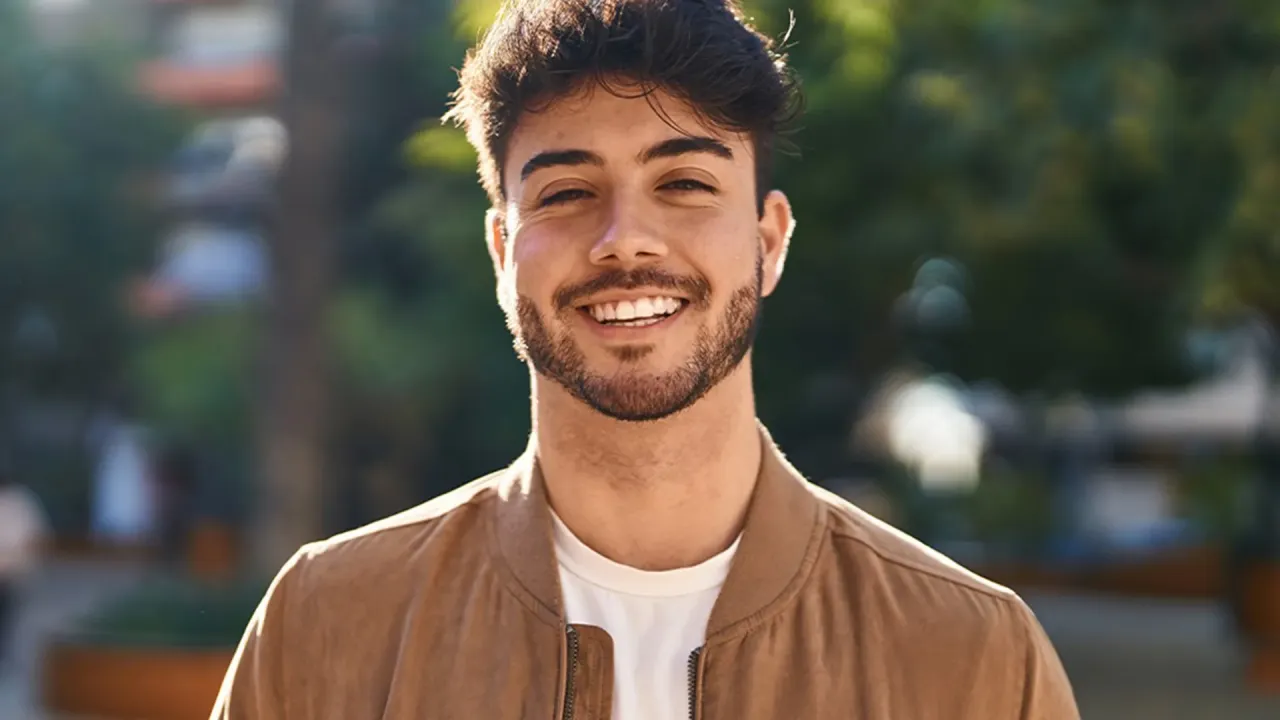 młody mężczyzna z rzadkim zarostem, nastolatek z wąsikiem