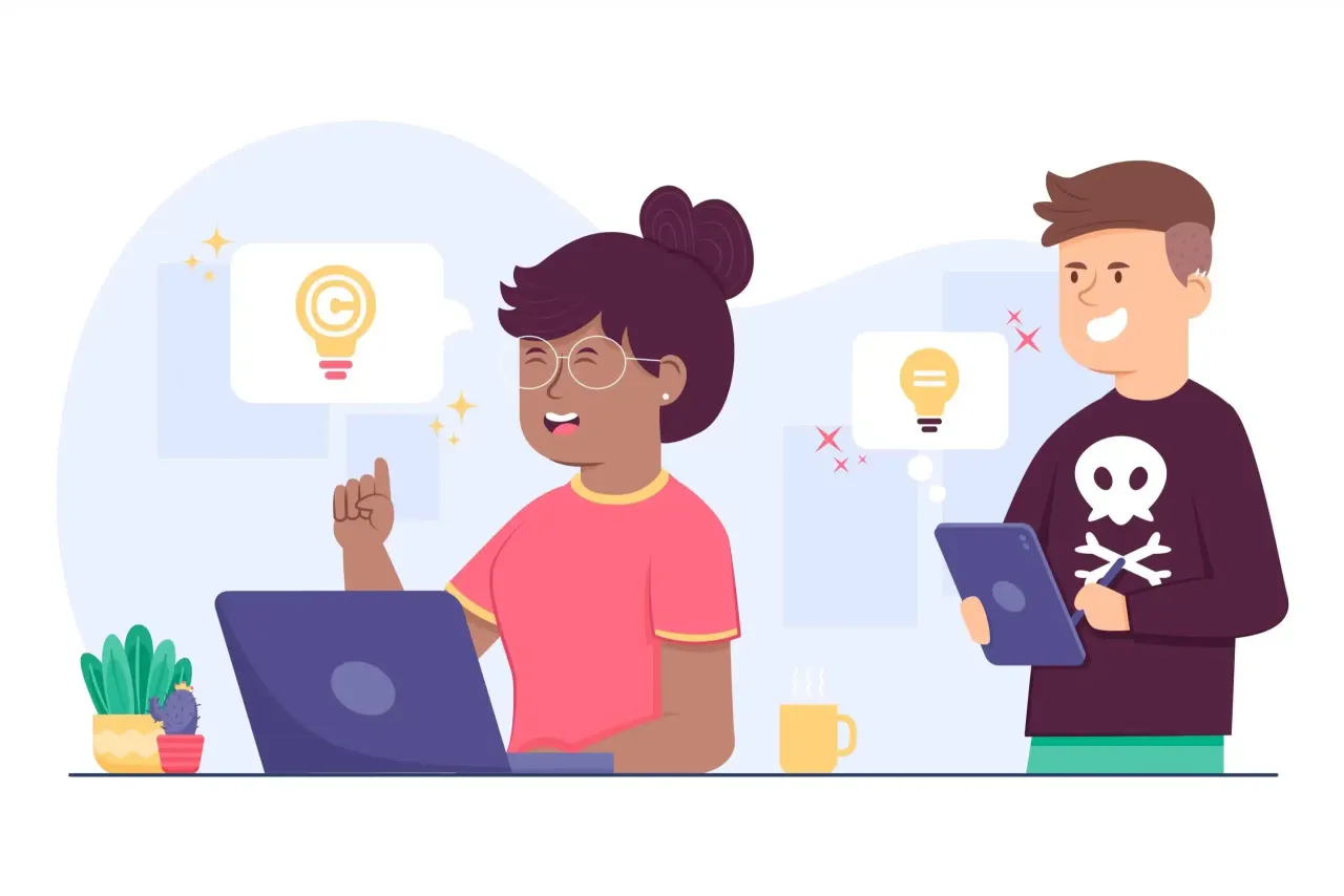 student pracujący przy komputerze z widocznym symbolem ostrzegawczego plagiatu