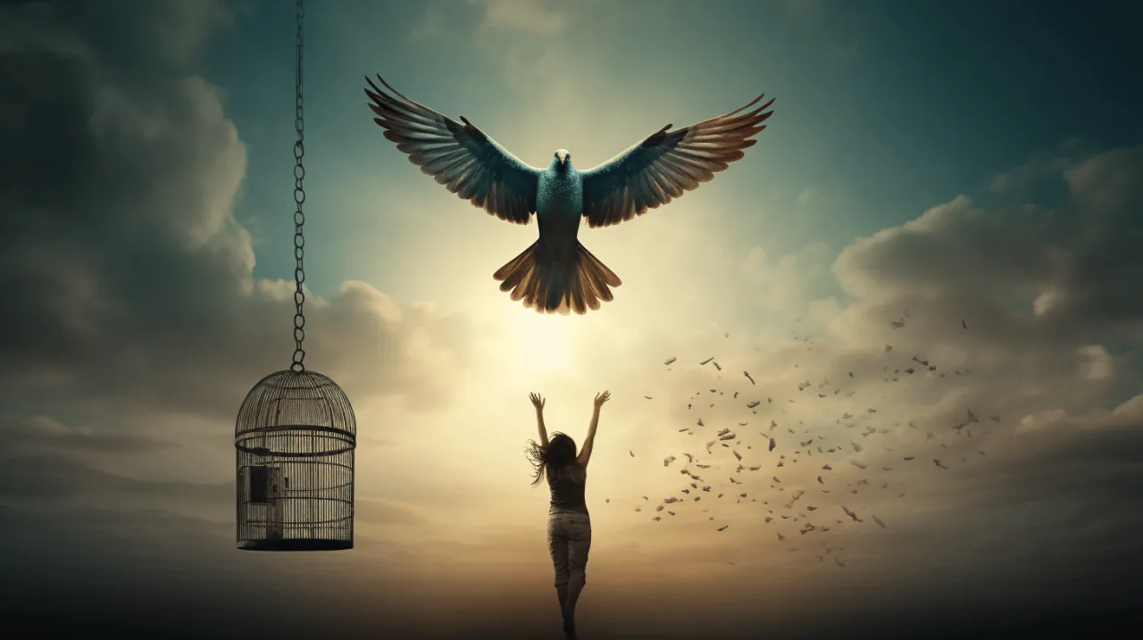 Osoba wychodząca z cienia, symbolizująca odzyskiwanie wolności i siły