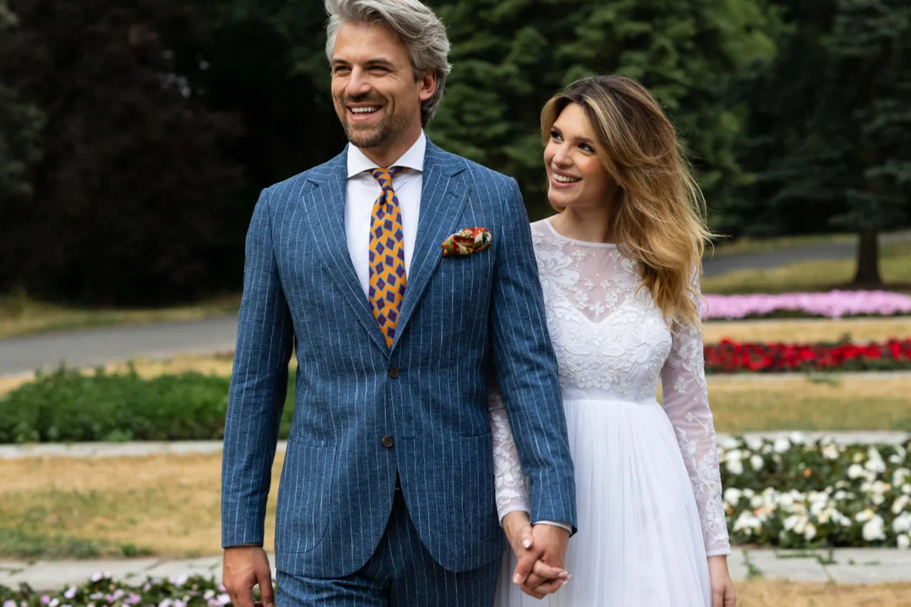 garnitur granatowy szary błękitny do sukni ecru