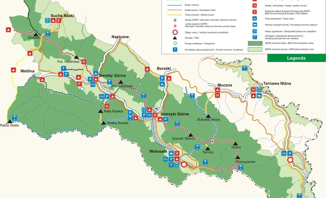 Mapa szlaków Bieszczadzkiego Parku Narodowego z oznaczeniem zamknięć