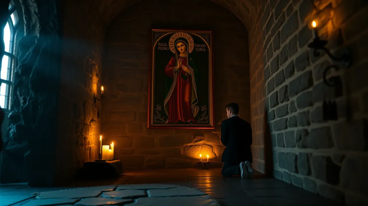 Mężczyzna klęczy przed obrazem Matki Boskiej, w mroku kaplicy, zapalając świece. Czy dusza wie, co dzieje się w rodzinie?