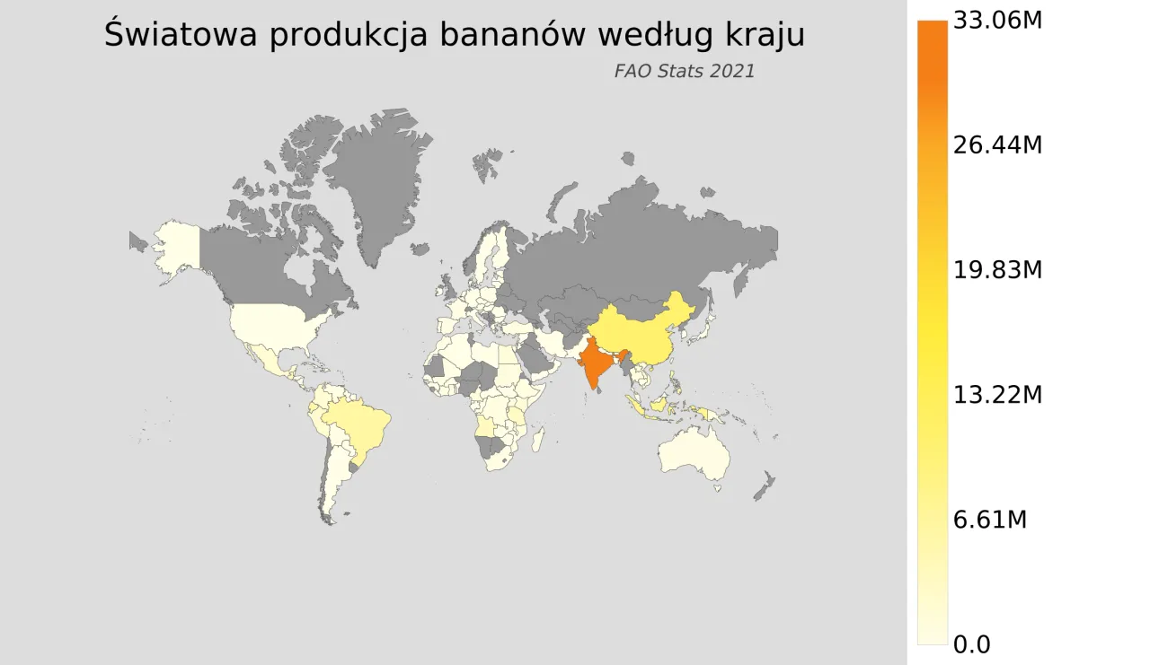 Mapa świata z głównymi krajami produkującymi banany