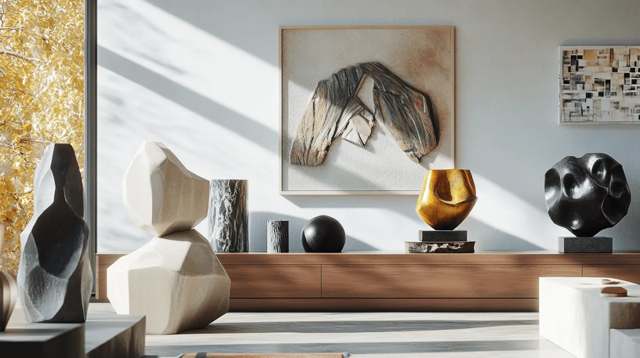 Moderne wei&szlig;e Skulptur auf Sideboard oder im Regal arrangiert