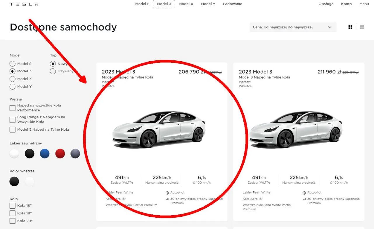 Tesla Model 3 w wersji z napędem na tylne koła kosztuje 206 790 zł. Sprawdź, ile kosztuje Tesla 3.