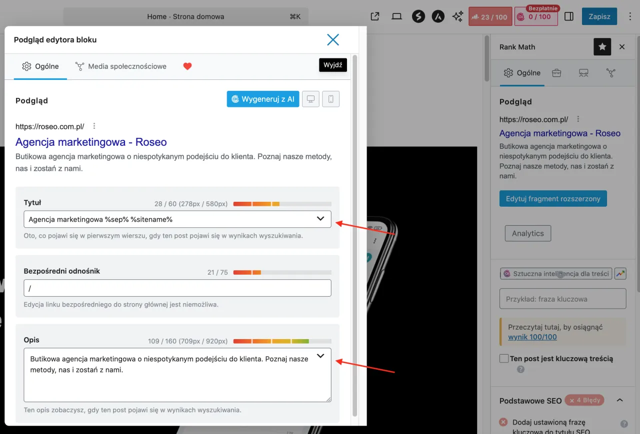 Edytor bloku SEO: podgląd tytułu, opisu i linku. Dowiedz się, meta description co to jest i jak go optymalizować.