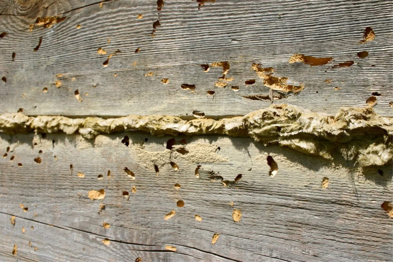 różne uszkodzenia drewna elewacji domu: zgnilizna, pęknięcia, szkodniki