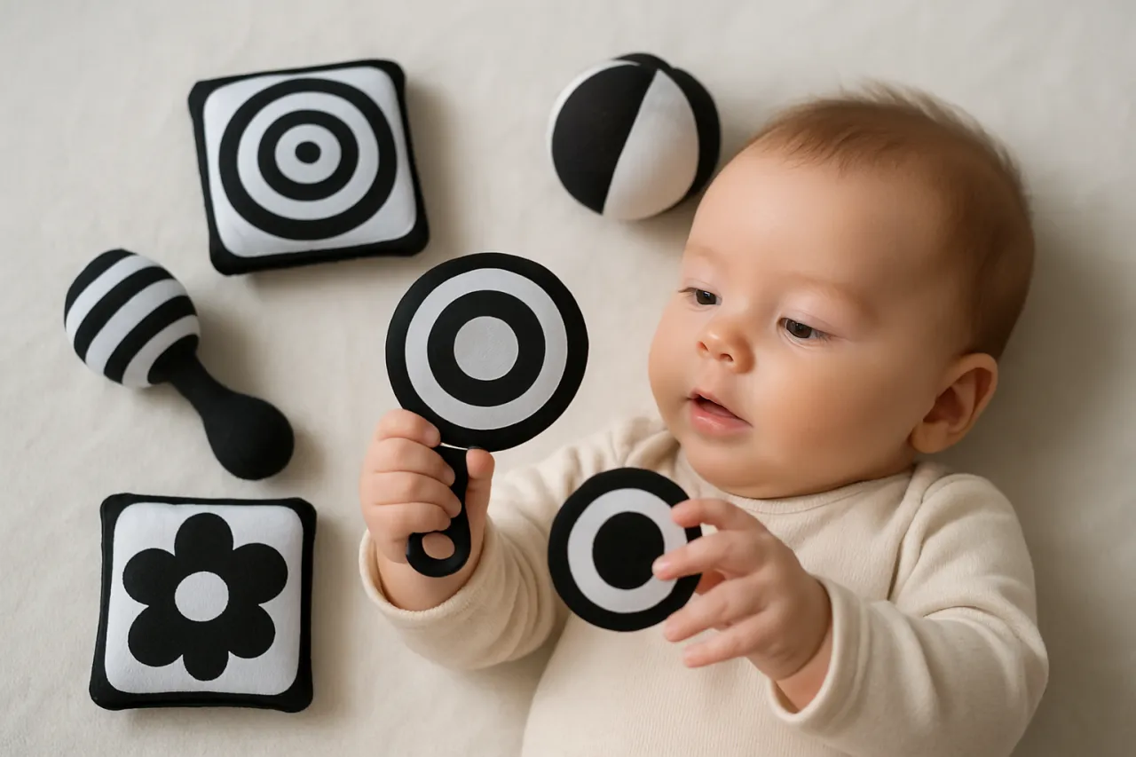 szczęśliwe niemowlę bawiące się zabawką, uśmiechnięte