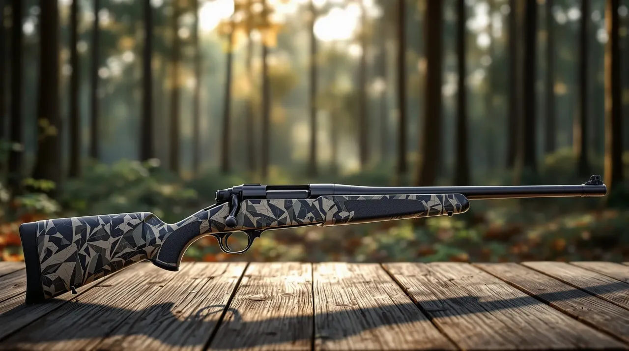 Karabin myśliwski z kamuflażem na drewnianym stole w lesie. Czy myśliwi zarabiają na swojej pasji?