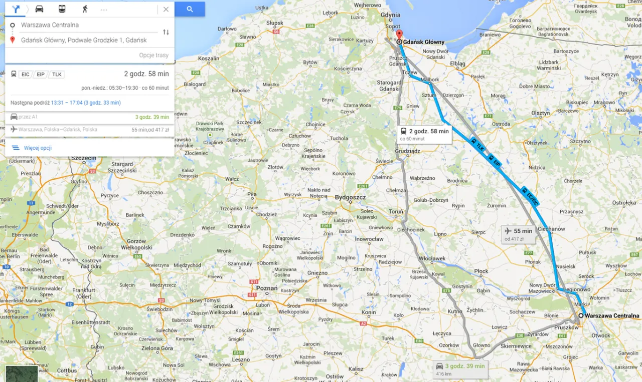 Mapa połączeń kolejowych PKP Intercity TLK