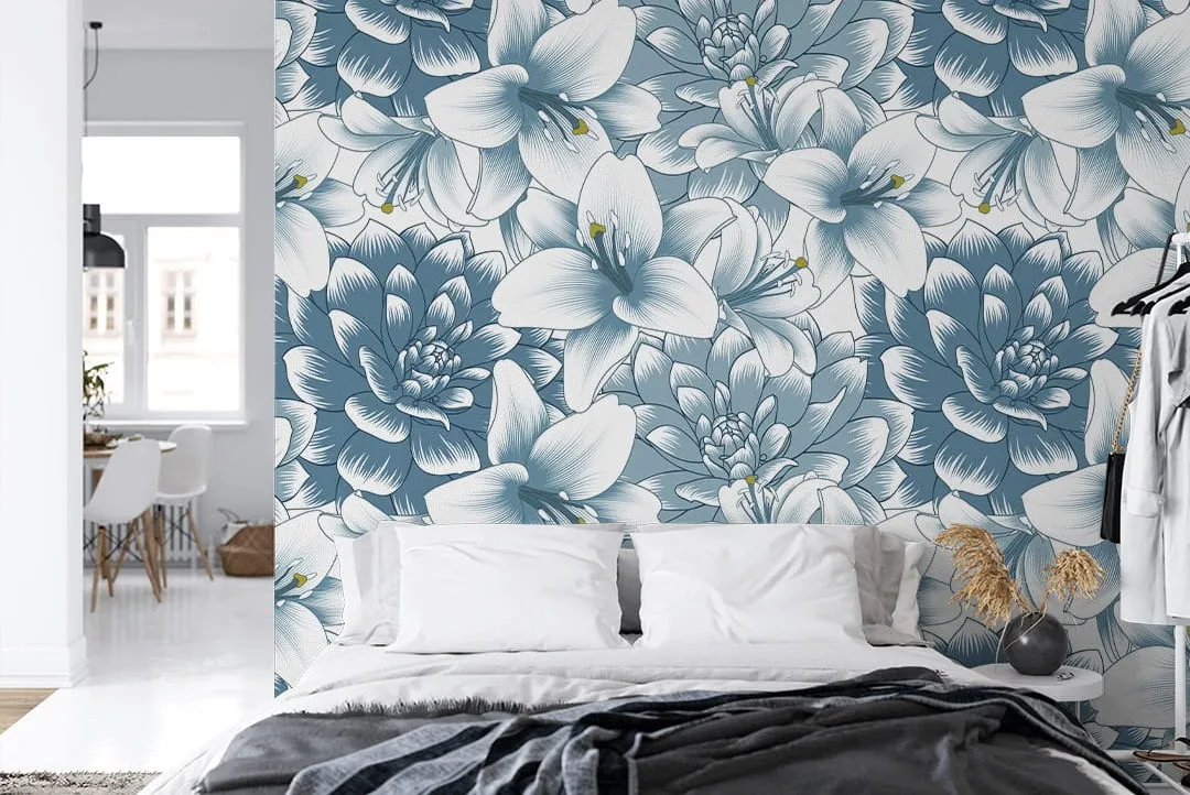 Białe meble z tapetą botaniczną