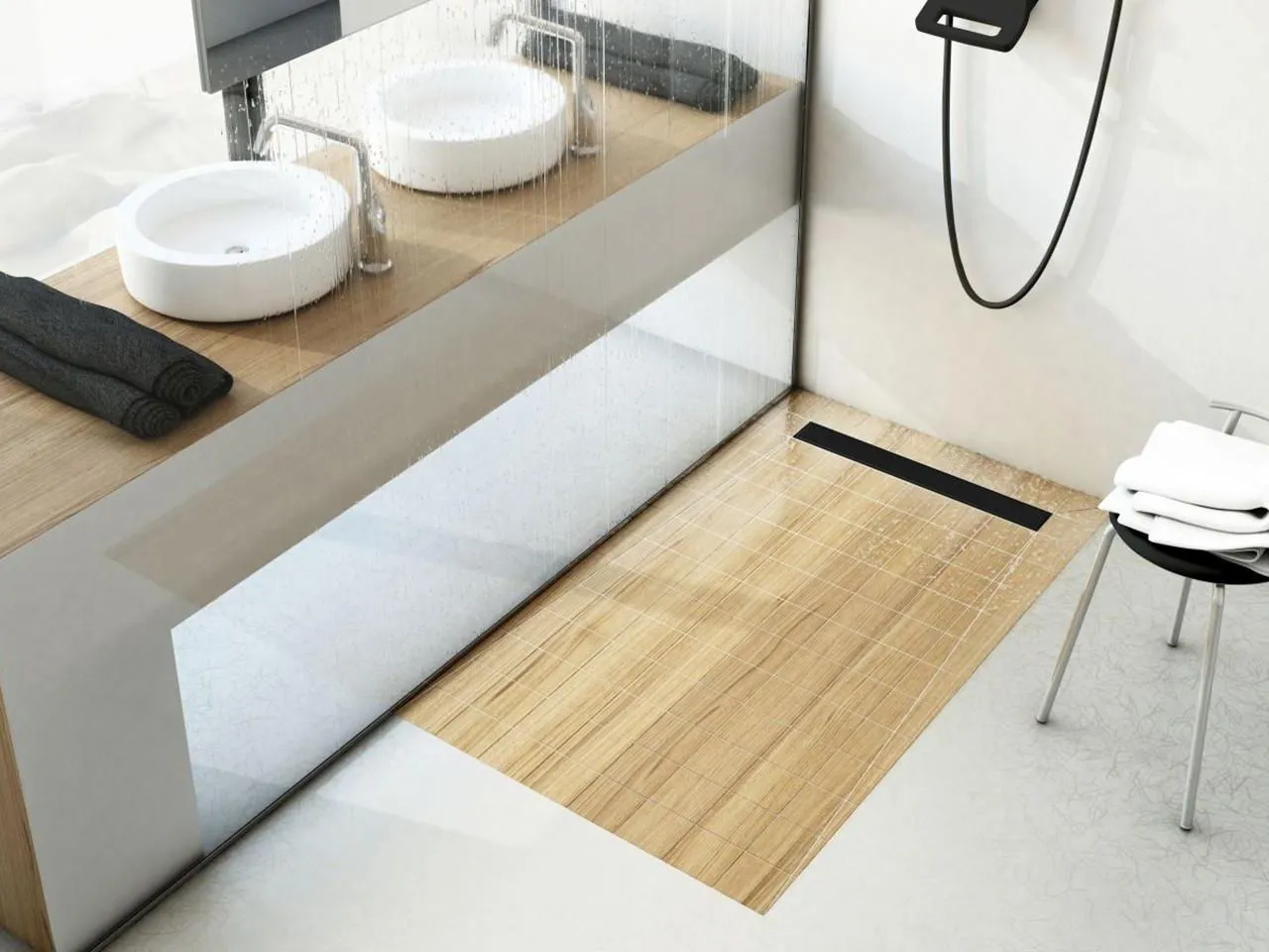 Nowoczesna łazienka z drewnopodobną wylewką pod odpływ liniowy. Umywalki nablatowe i czarne akcesoria.