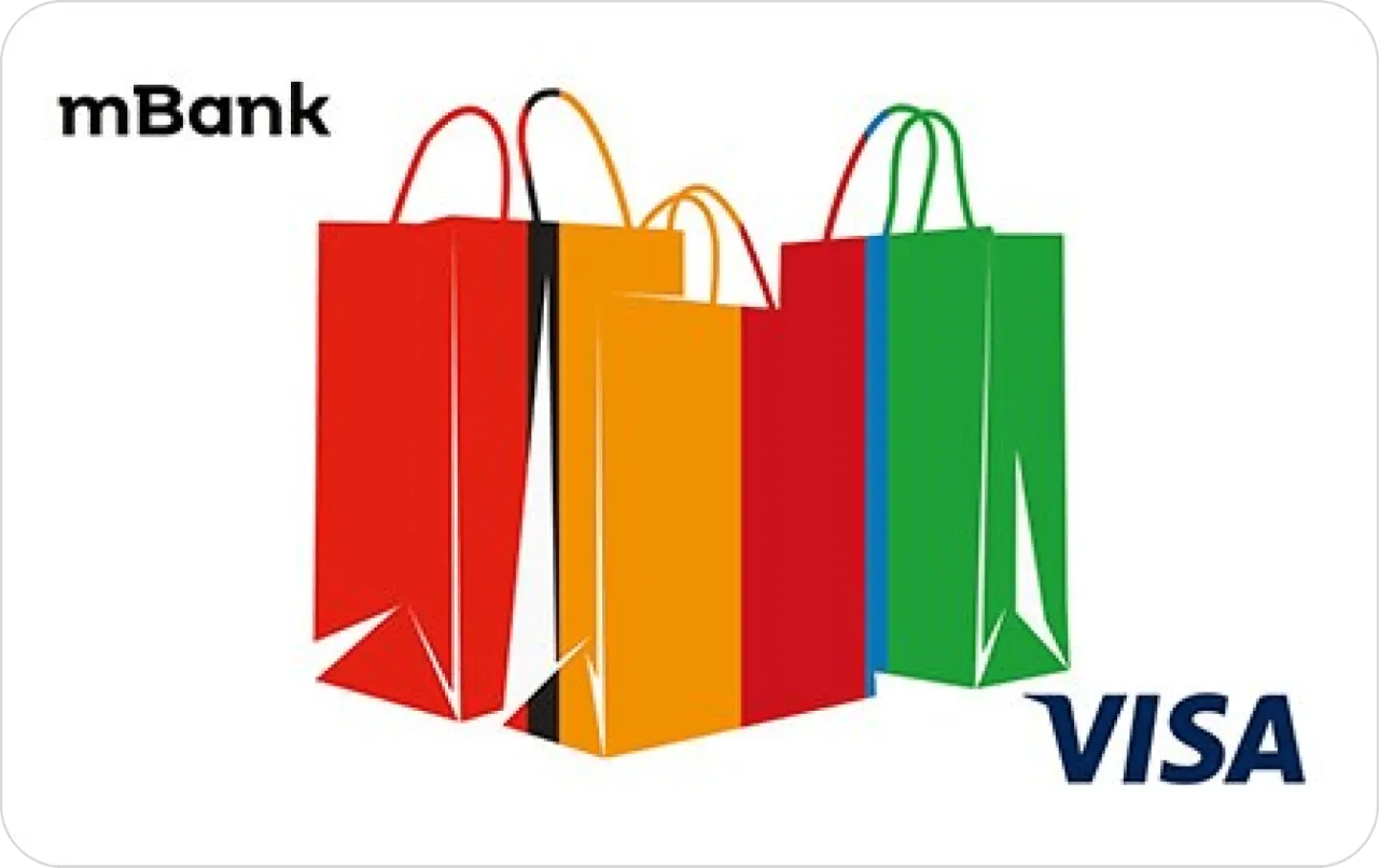 Kolorowe torby na zakupy i logo mBanku. Dowiedz się, jak zam&oacute;wić kartę w mBanku, by cieszyć się wygodnymi zakupami.