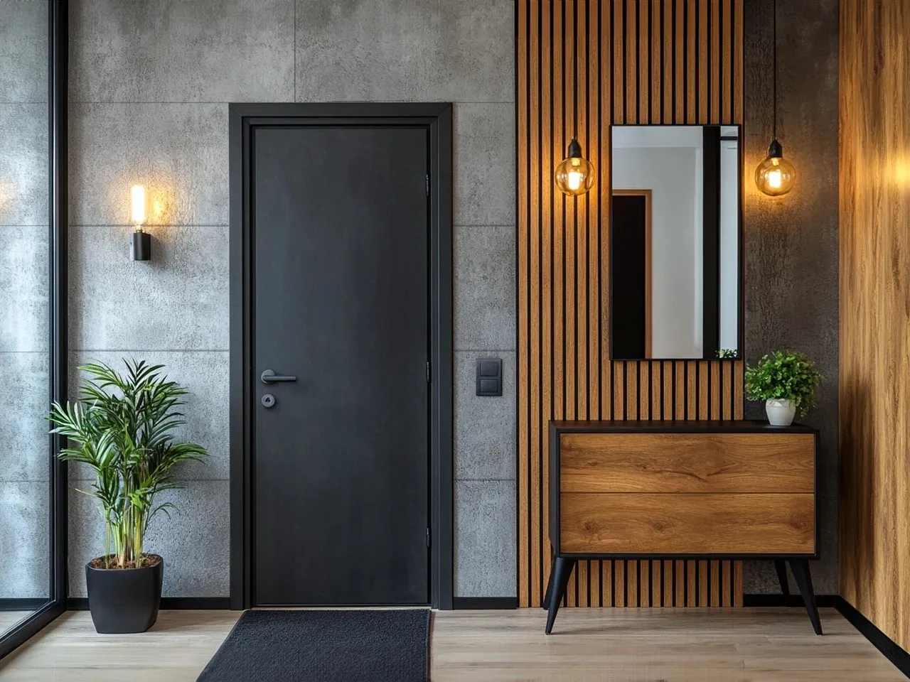 Nowoczesne ściany w przedpokoju - lamele, tapeta, beton
