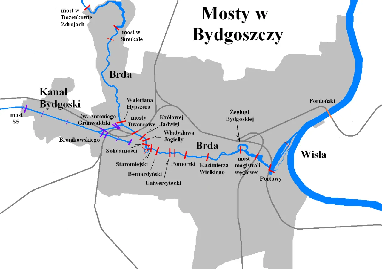 Mapa Bydgoszczy z rzekami Brdą i Wisłą