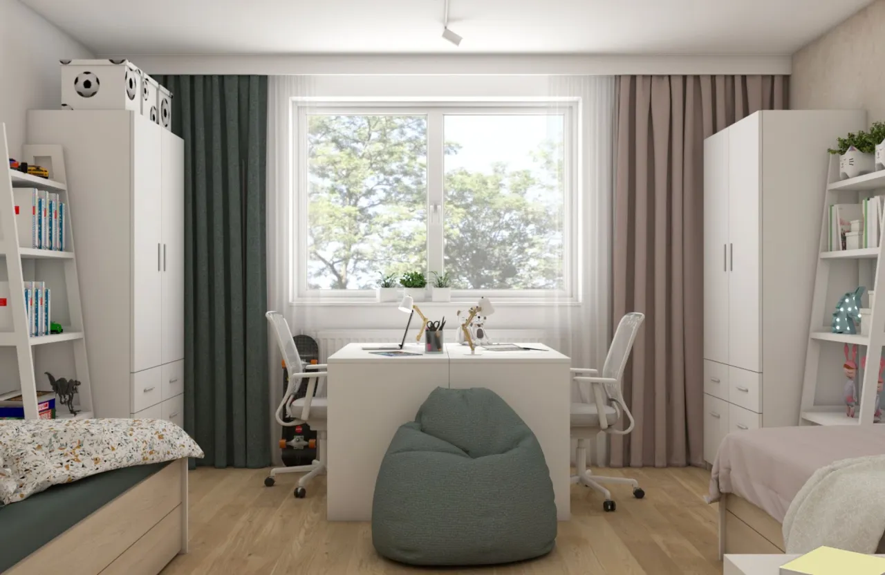 Pokój dziecięcy z dwoma biurkami przy oknie, idealny, by pokazać, jak podzielić pokój dzieci z jednym oknem.