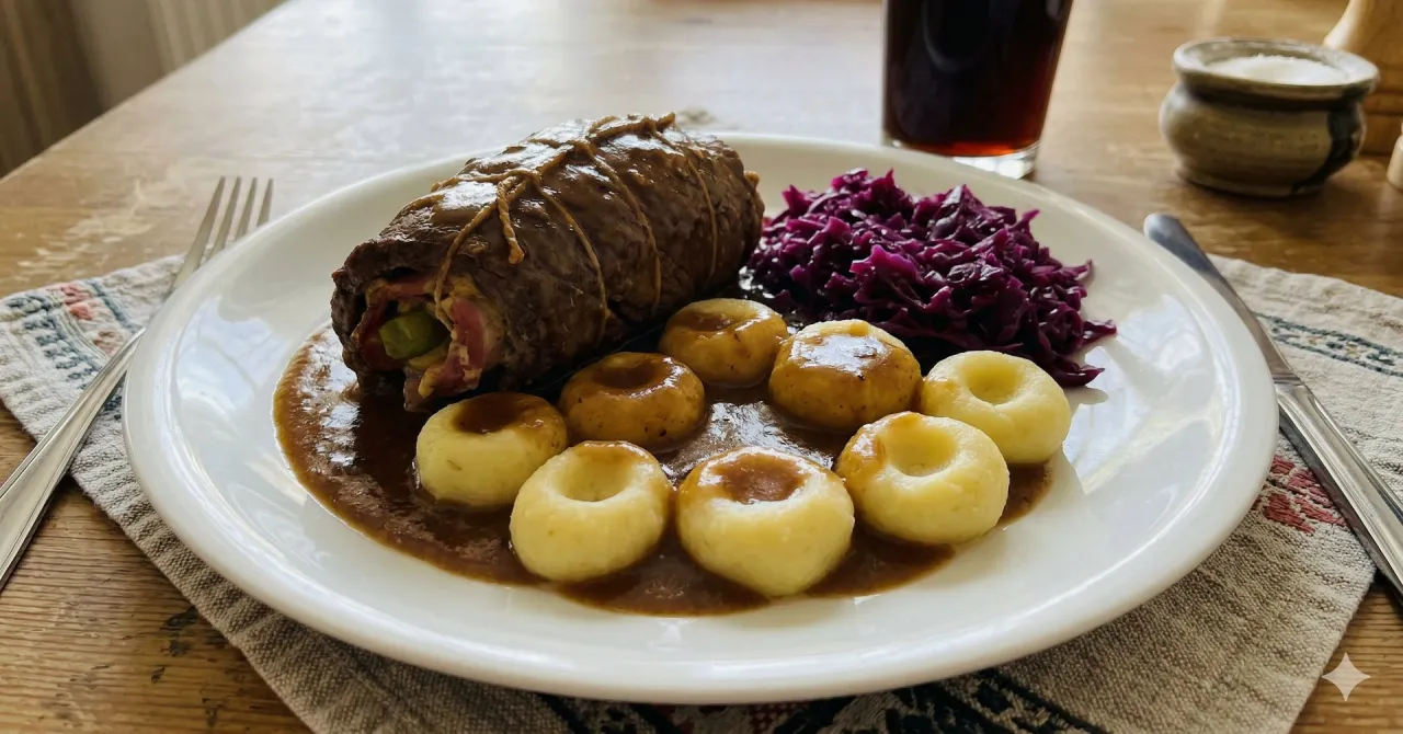 Pyszna rolada śląska z kluskami śląskimi i czerwoną kapustą. Idealny obiad, choć warto sprawdzić rolada śląska kcal przed spożyciem.