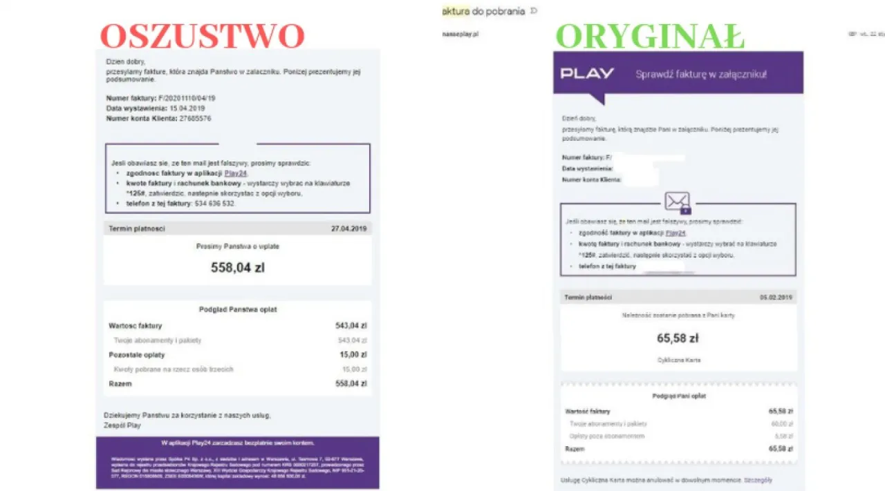 Por&oacute;wnanie fałszywej i oryginalnej faktury Play. Dowiedz się, jak sprawdzić fakturę w Play, by uniknąć oszustwa.