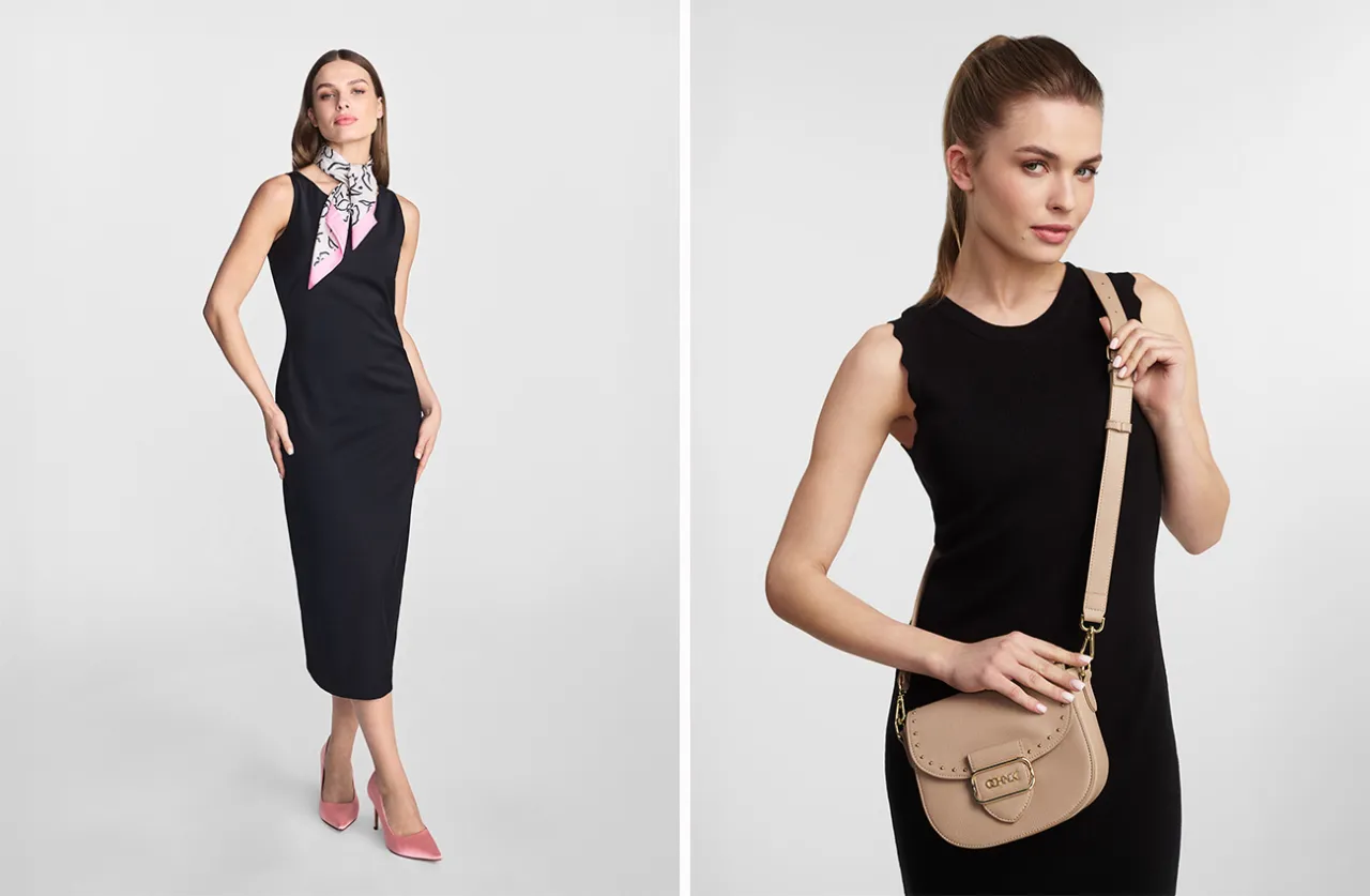 stylizacje czarna sukienka brązowe buty różne fasony