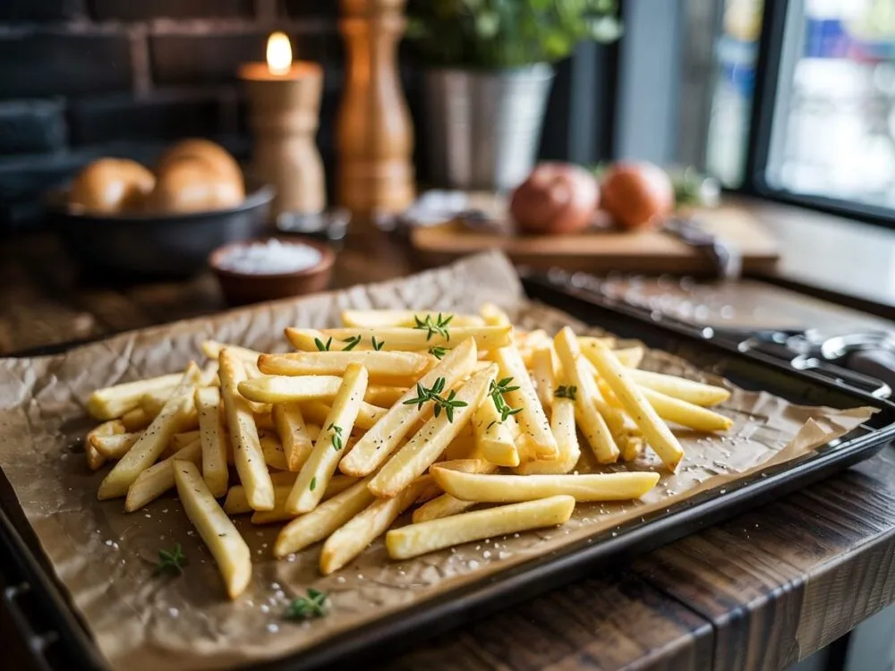 przeładowana blacha z frytkami przed pieczeniem