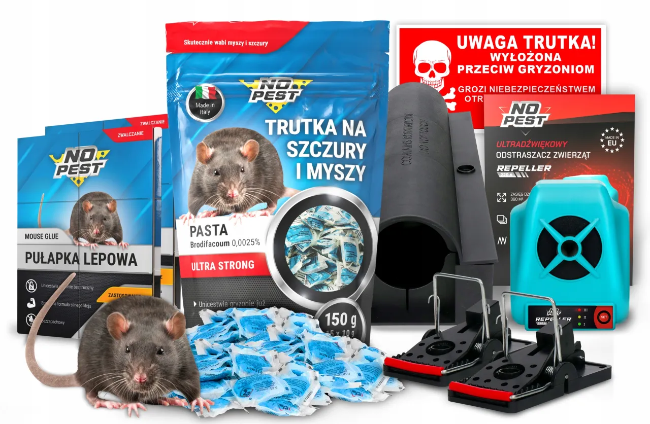 Zestaw produktów NO PEST: pułapka lepowa, trutka w paście i odstraszacz ultradźwiękowy, by skutecznie pozbyć się myszy ze strychu.
