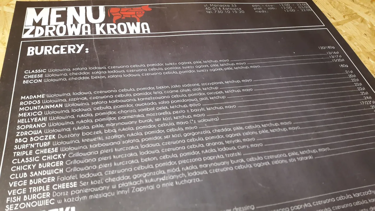 Menu Zdrowa Krowa burgery i steki