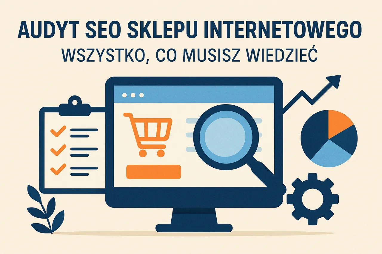 Grafika przedstawia audyt strony internetowej sklepu. Widoczny jest komputer z lupą, koszykiem i wykresem, a obok lista kontrolna.