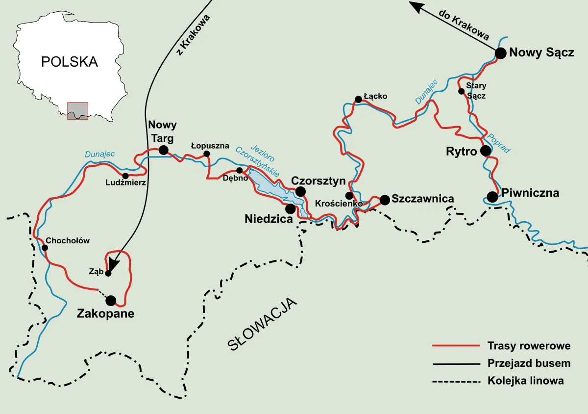 Mapa tras rowerowych wzdłuż Dunajca i Popradu. Velo Dunajec trasa prowadzi przez malownicze tereny od Nowego Targu do Starego Sącza.