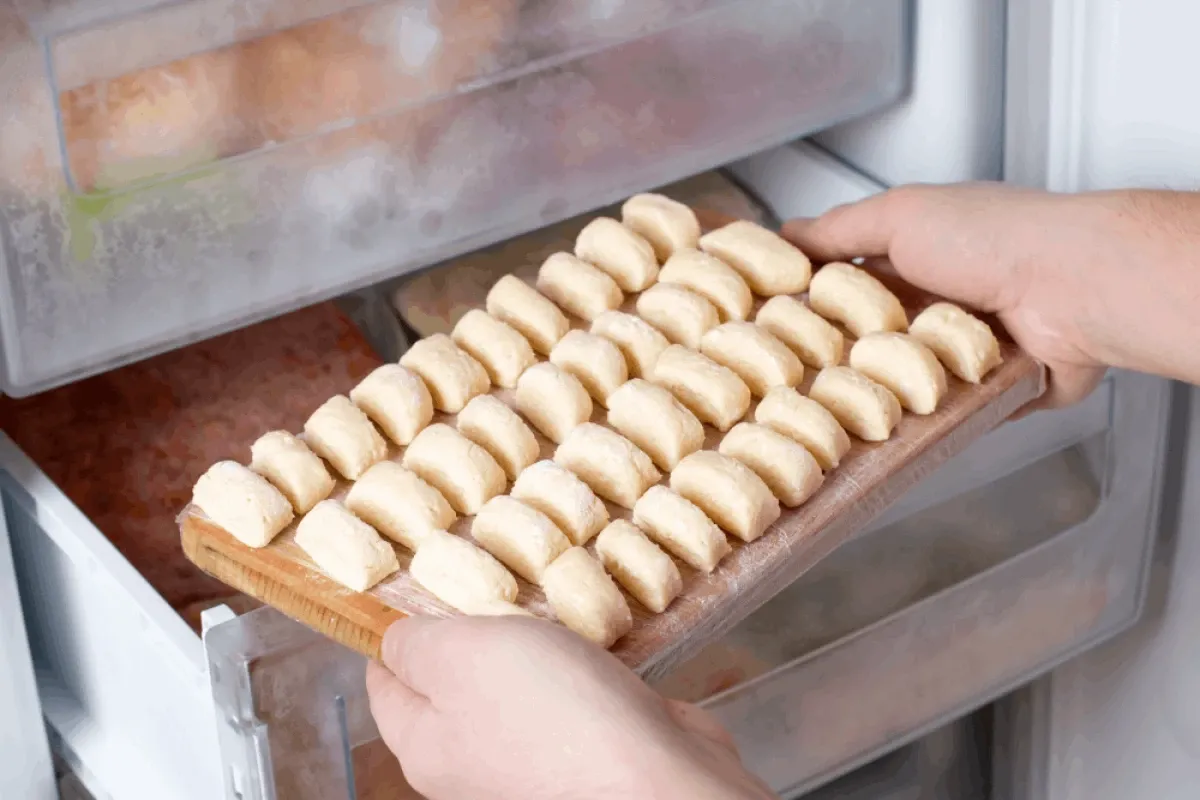Ręce wkładają deskę z rzędem pierogów do zamrażarki. To prosty sposób, jak przygotować pierogi do zamrożenia.