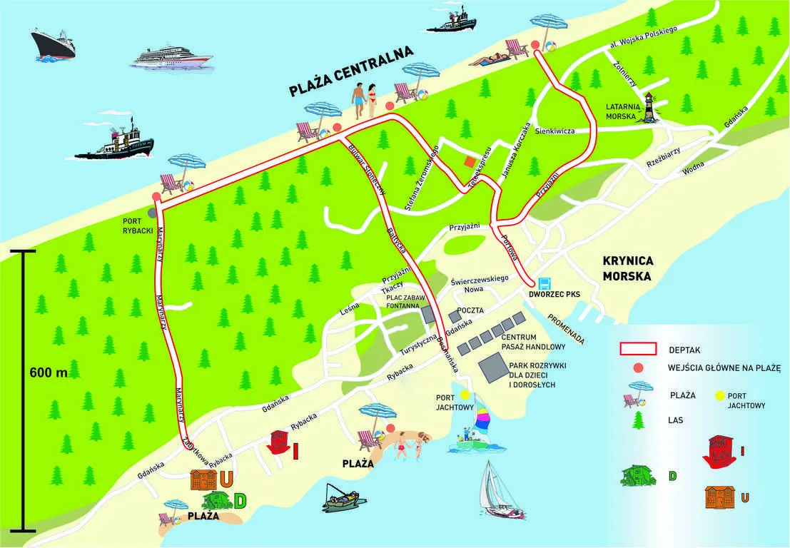 Mapa Krynicy Morskiej z zaznaczonym dworcem autobusowym