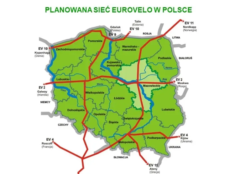 Mapa tras EuroVelo w Polsce