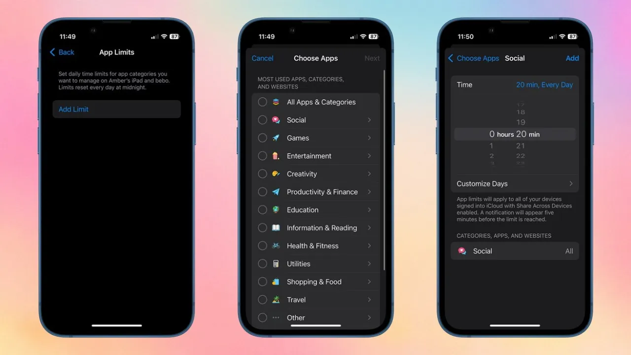 Ustawienia Czasu przed ekranem iOS