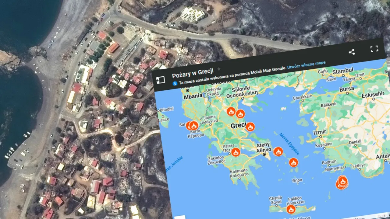 Mapa pożar&oacute;w w Grecji. Widok satelitarny pokazuje zniszczenia, a na mapie zaznaczone są ogniska. Czy na wyspach greckich jest bezpiecznie?