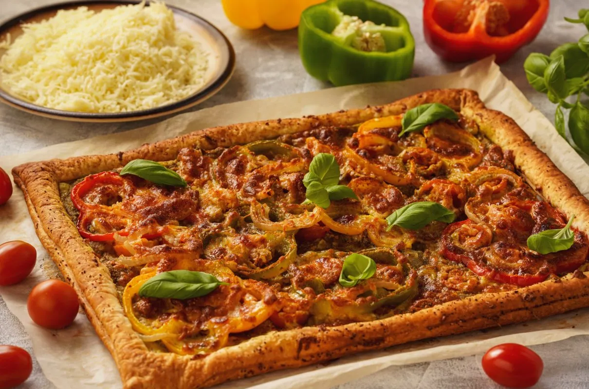 Pyszna tarta z ciasta francuskiego z papryką i serem &ndash; idealna odpowiedź na pytanie, co zrobić z ciasta francuskiego na obiad.