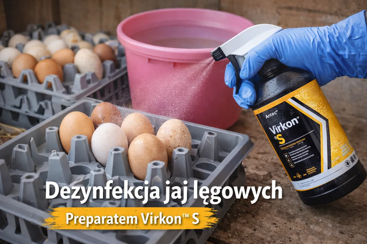 Ręka w niebieskiej rękawiczce dezynfekuje jajka do inkubatora preparatem Virkon S.